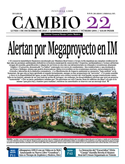 Portada de Diario Cambio 22 (portada) del lunes, 1 de diciembre de 2025