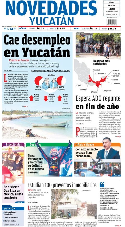 Portada de Novedades Yucatan del lunes, 1 de diciembre de 2025