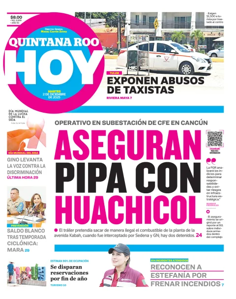 Portada de Quintana Roo Hoy (portada) del martes, 2 de diciembre de 2025