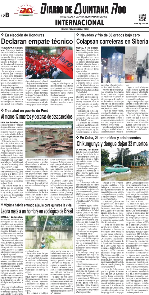 Portada de Diario de Quintana Roo (contra Portada) del martes, 2 de diciembre de 2025