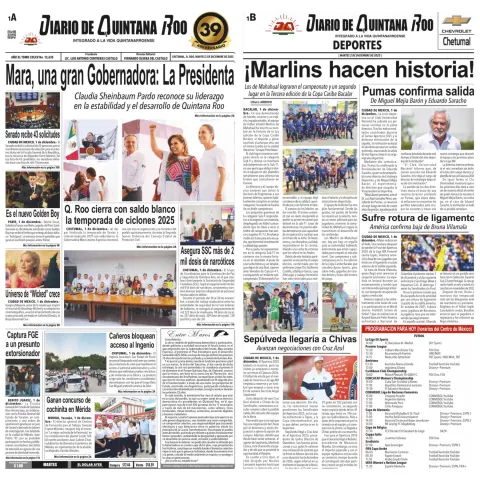 Portada de Diario de Quintana Roo (portada) del martes, 2 de diciembre de 2025
