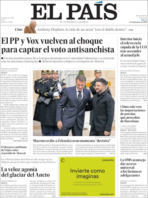 Portada de El Pais del martes, 2 de diciembre de 2025