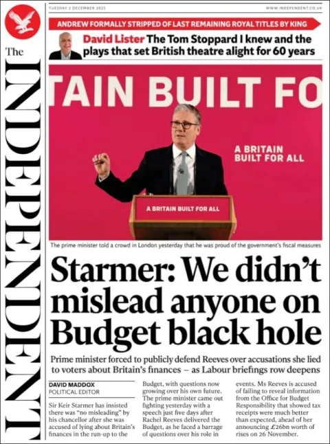 Portada de The Independent del martes, 2 de diciembre de 2025