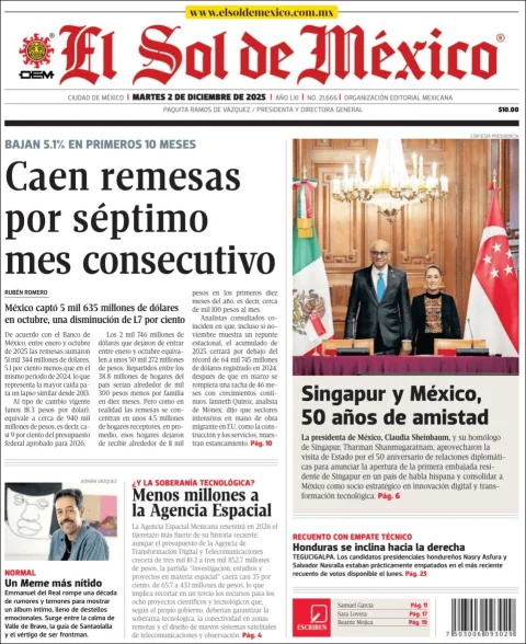 Portada de El Sol de Mexico del martes, 2 de diciembre de 2025