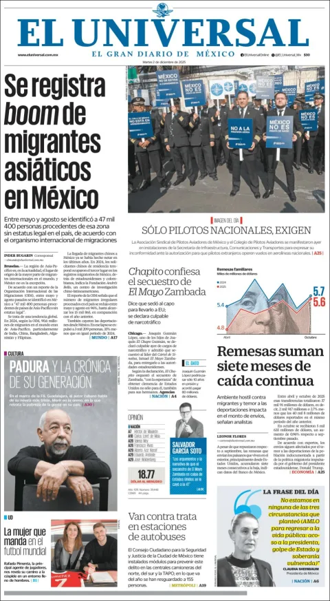Portada de El Universal del martes, 2 de diciembre de 2025