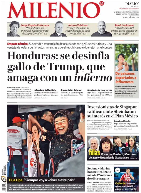 Portada de Milenio del martes, 2 de diciembre de 2025