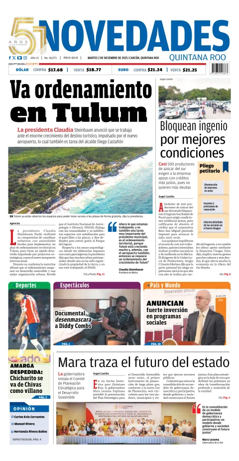 Portada de Novedades Quintana Roo del martes, 2 de diciembre de 2025