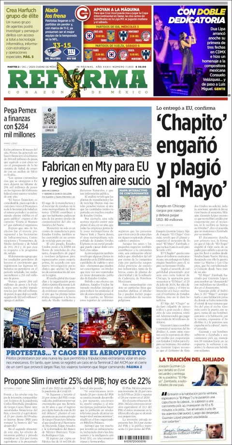Portada de Reforma del martes, 2 de diciembre de 2025