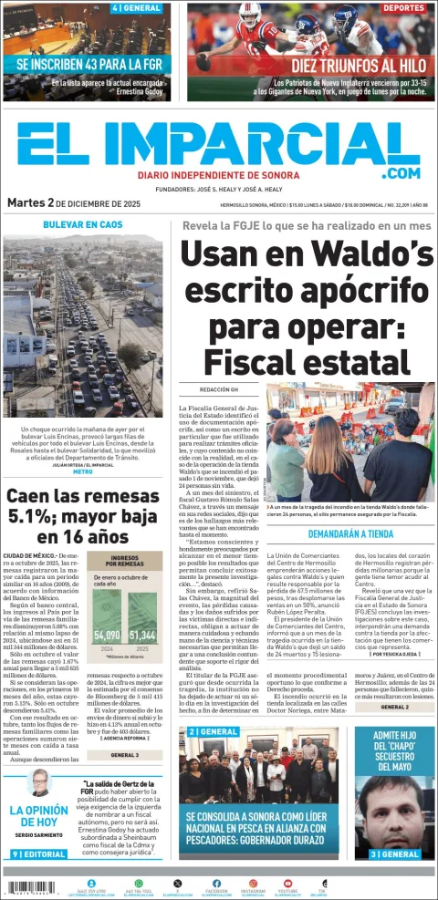 Portada de El Imparcial del martes, 2 de diciembre de 2025