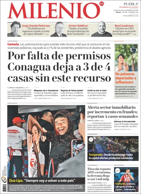 Portada de Milenio Puebla del martes, 2 de diciembre de 2025