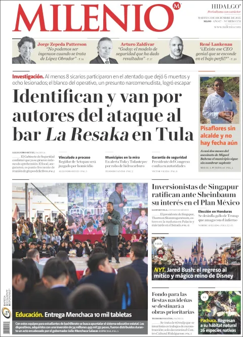 Portada de Milenio Hidalgo del martes, 2 de diciembre de 2025