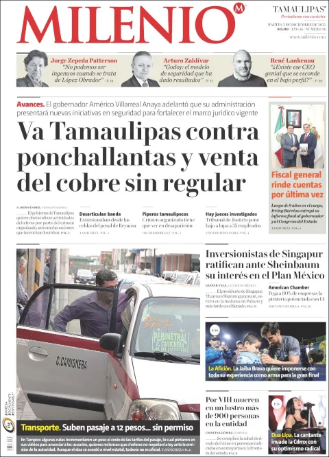 Portada de Milenio Tamaulipas del martes, 2 de diciembre de 2025