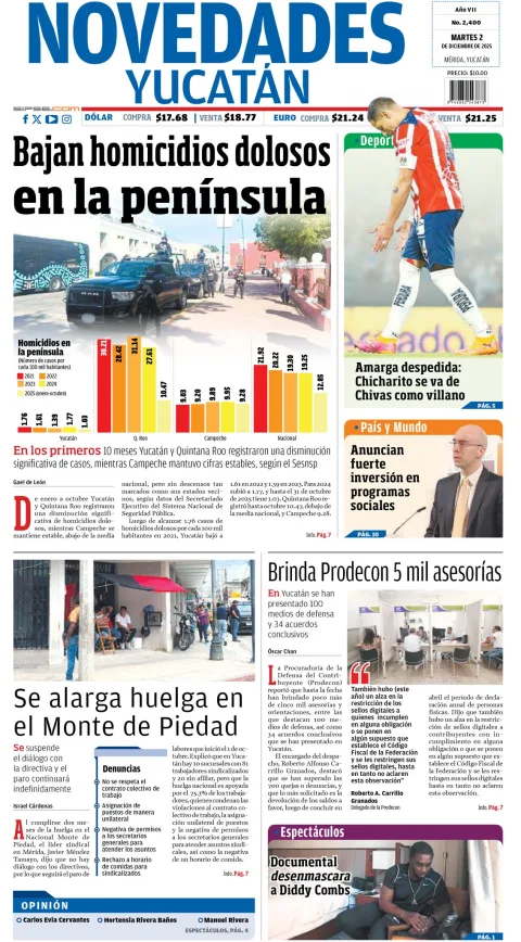 Portada de Novedades Yucatan del martes, 2 de diciembre de 2025