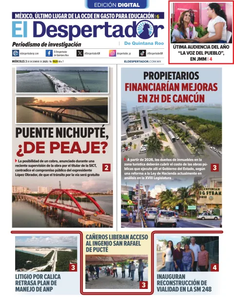 Portada de El Despertador de Quintana Roo del miércoles, 3 de diciembre de 2025