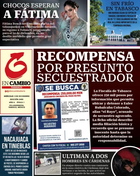 Portada de En Cambio - Tabasco (contraportada) del miércoles, 3 de diciembre de 2025