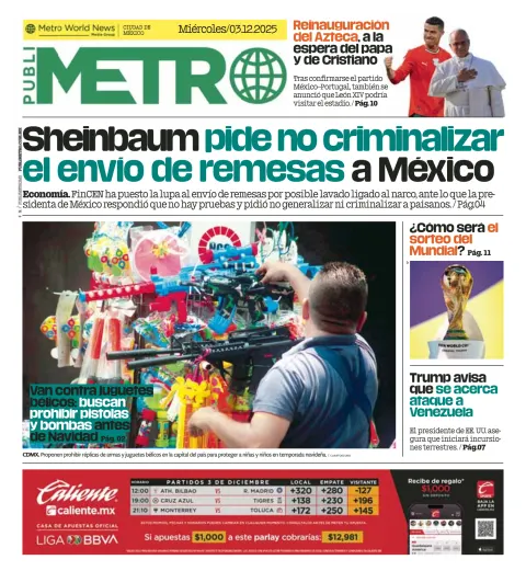 Portada de Publimetro Nacional del miércoles, 3 de diciembre de 2025