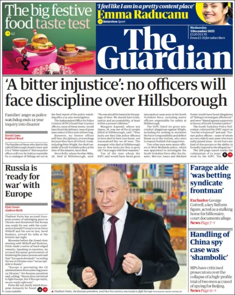 Portada de The Guardian (reino Unido) del miércoles, 3 de diciembre de 2025