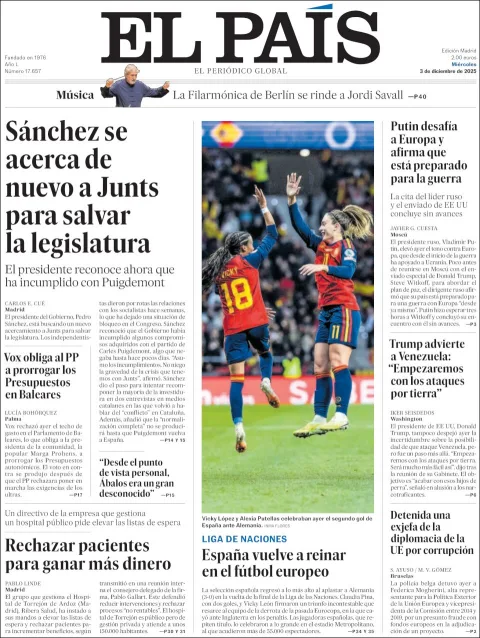 Portada de El Pais del miércoles, 3 de diciembre de 2025