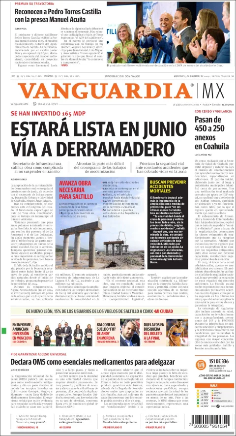 Portada de Vanguardia del miércoles, 3 de diciembre de 2025