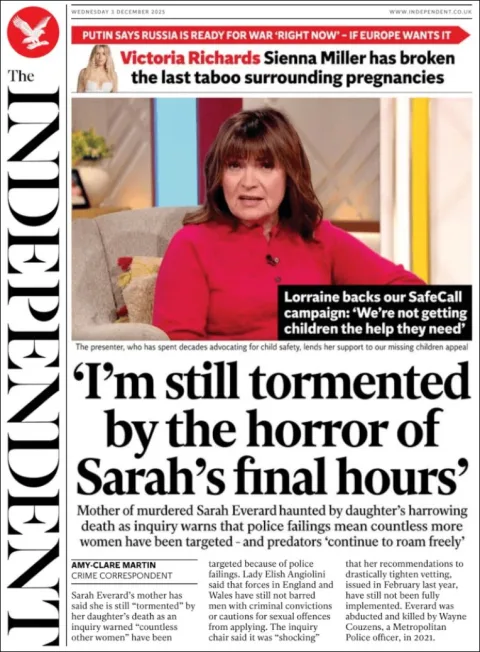 Portada de The Independent del miércoles, 3 de diciembre de 2025