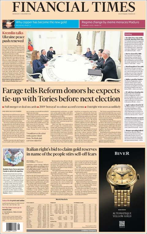 Portada de Financial Times del miércoles, 3 de diciembre de 2025