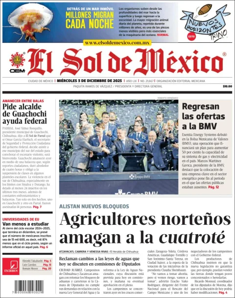 Portada de El Sol de Mexico del miércoles, 3 de diciembre de 2025