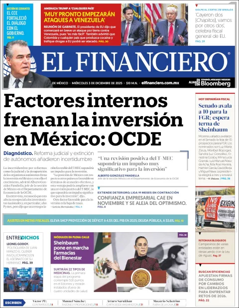 Portada de El Financiero del miércoles, 3 de diciembre de 2025