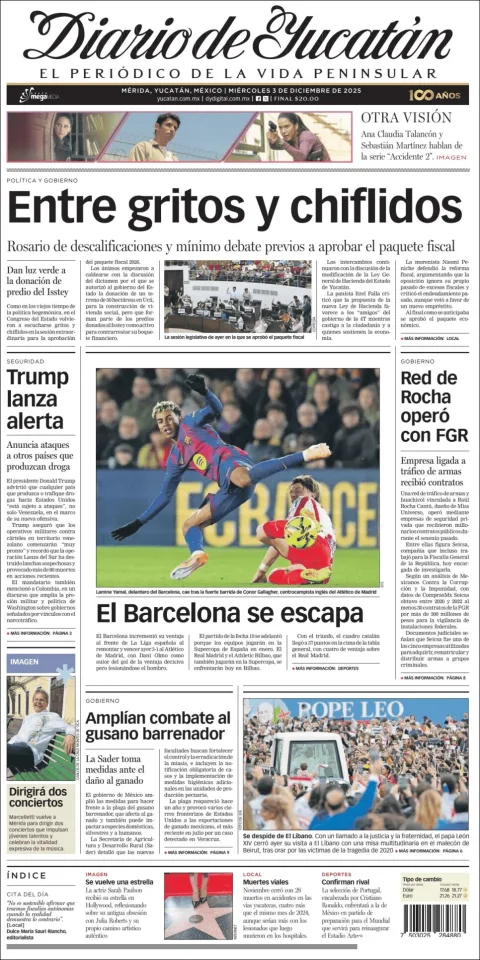 Portada de Diario de Yucatán del miércoles, 3 de diciembre de 2025