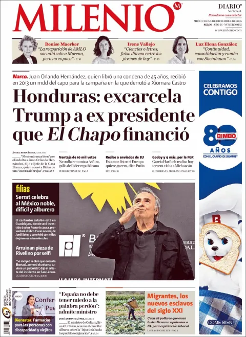 Portada de Milenio del miércoles, 3 de diciembre de 2025