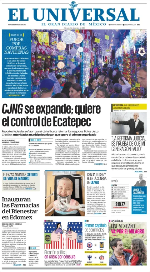 Portada de El Universal del miércoles, 3 de diciembre de 2025