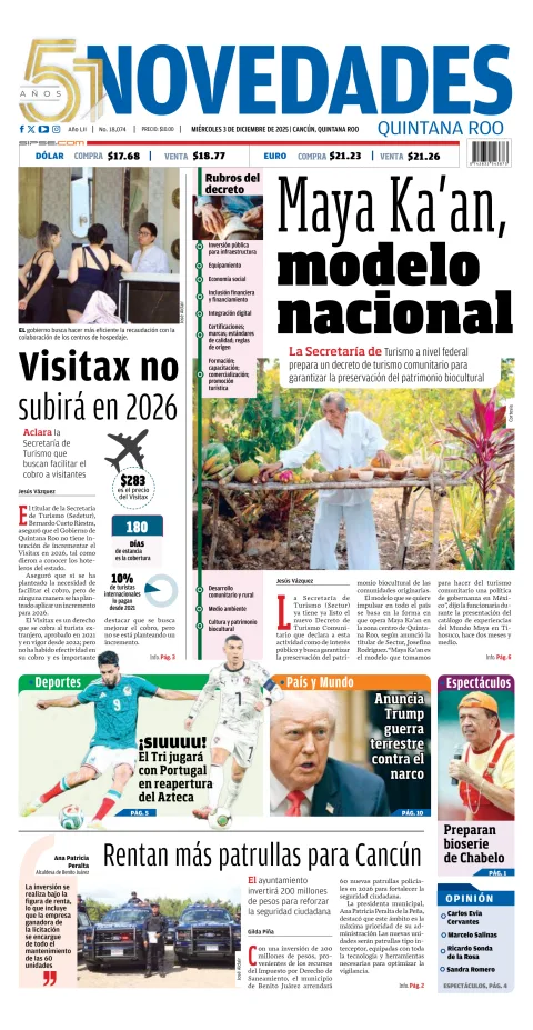 Portada de Novedades Quintana Roo del miércoles, 3 de diciembre de 2025