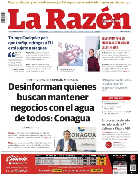 Portada de La Razon del miércoles, 3 de diciembre de 2025