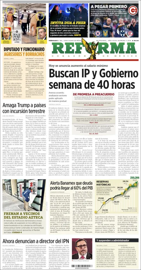Portada de Reforma del miércoles, 3 de diciembre de 2025