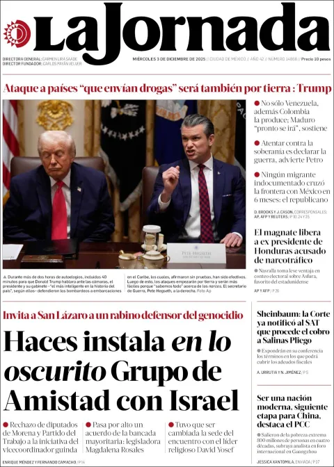 Portada de La Jornada del miércoles, 3 de diciembre de 2025