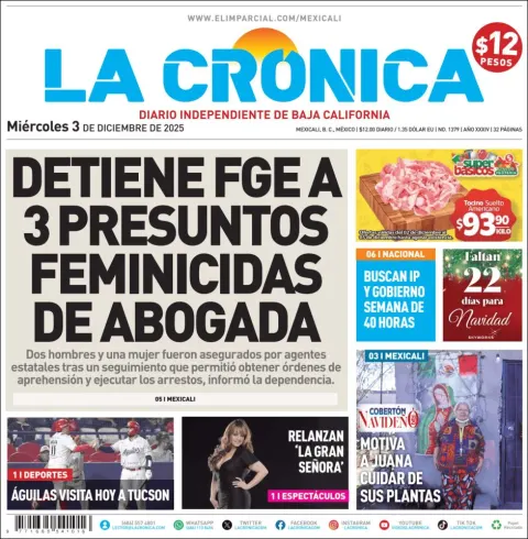 Portada de La Cronica del miércoles, 3 de diciembre de 2025