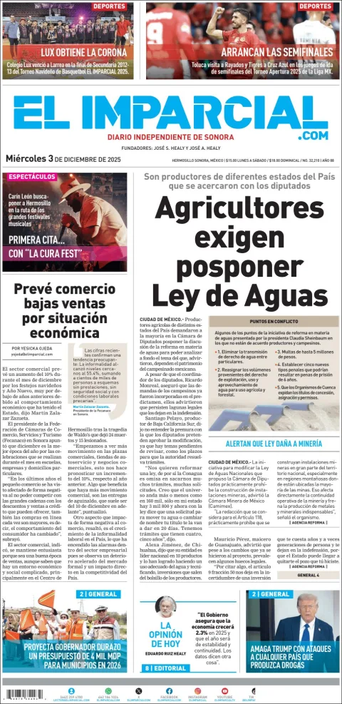Portada de El Imparcial del miércoles, 3 de diciembre de 2025