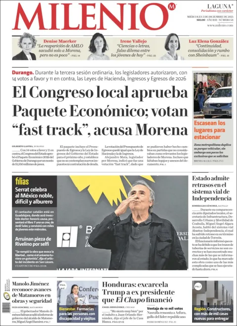Portada de Milenio Laguna del miércoles, 3 de diciembre de 2025