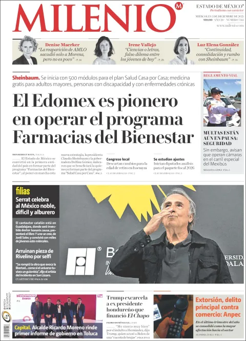 Portada de Milenio Edo de Mexico del miércoles, 3 de diciembre de 2025