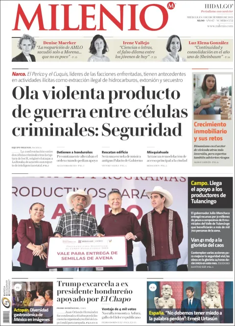 Portada de Milenio Hidalgo del miércoles, 3 de diciembre de 2025