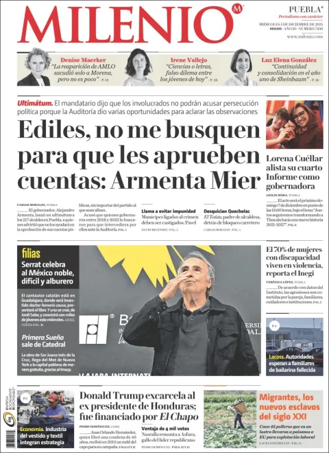 Portada de Milenio Puebla del miércoles, 3 de diciembre de 2025