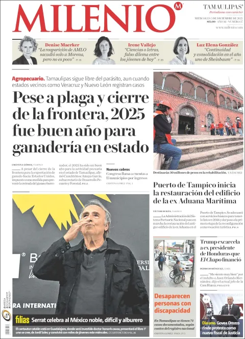 Portada de Milenio Tamaulipas del miércoles, 3 de diciembre de 2025