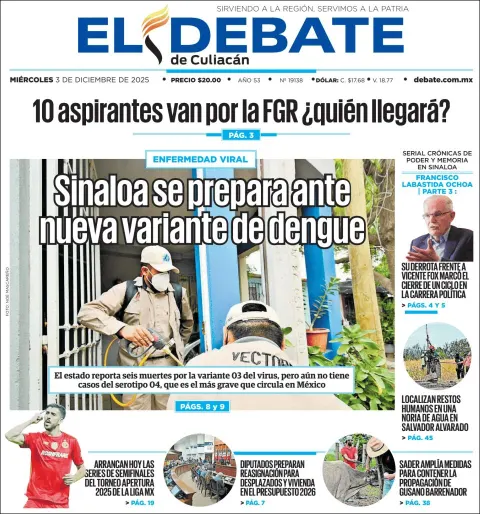 Portada de El Debate de Culiacan del miércoles, 3 de diciembre de 2025