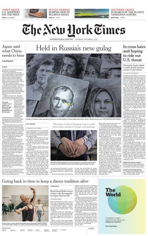 Portada de The New York Times (international) del jueves, 4 de diciembre de 2025