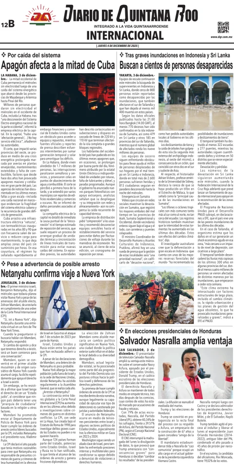 Portada de Diario de Quintana Roo (contra Portada) del jueves, 4 de diciembre de 2025