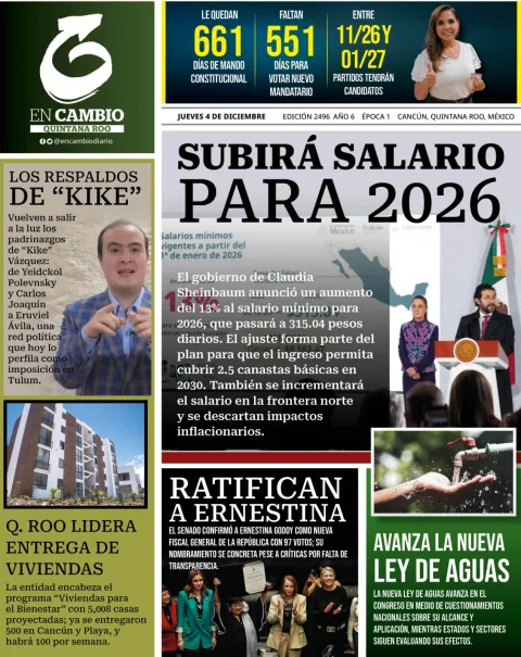 Portada de En Cambio - Quintana Roo (portada) del jueves, 4 de diciembre de 2025