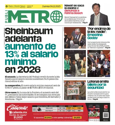 Portada de Publimetro Nacional del jueves, 4 de diciembre de 2025