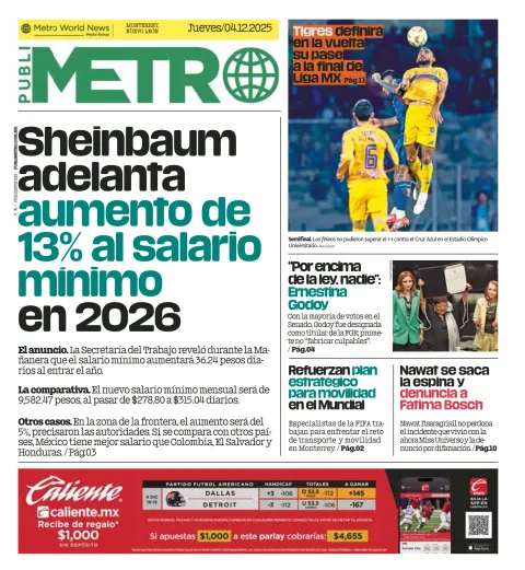 Portada de Publimetro Monterrey del jueves, 4 de diciembre de 2025