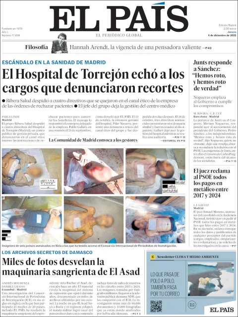Portada de El Pais del jueves, 4 de diciembre de 2025
