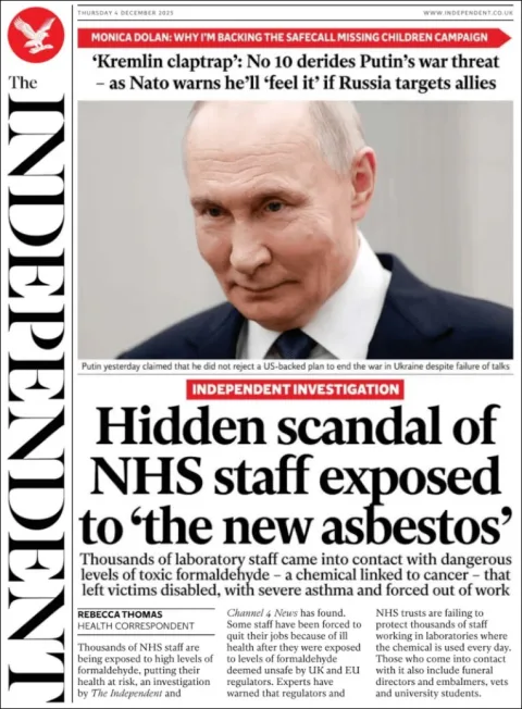 Portada de The Independent del jueves, 4 de diciembre de 2025