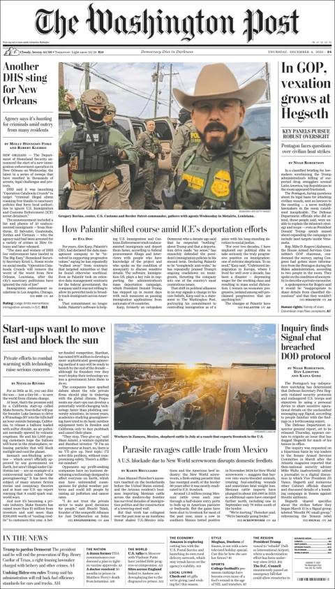 Portada de The Washington Post del jueves, 4 de diciembre de 2025